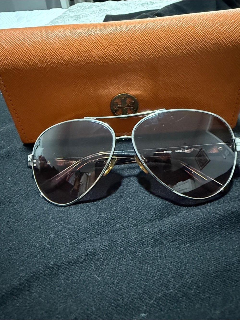 Tory Burch Gold-Tone Aviator Sunglasses with Orange Logo Case
